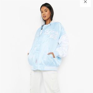 Oversized satin letterman bomber jacket